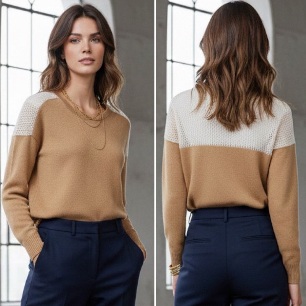 Qi New York 100% Cashmere Crewneck Sweater S | Camel Drop Shoulder Mesh Back